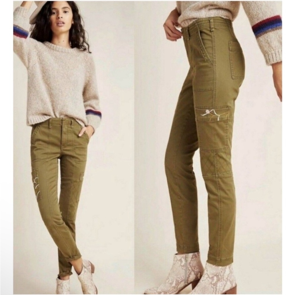 Anthropologie women Green Floral Embroidered Cargo Pocket Pants Size 31P B3